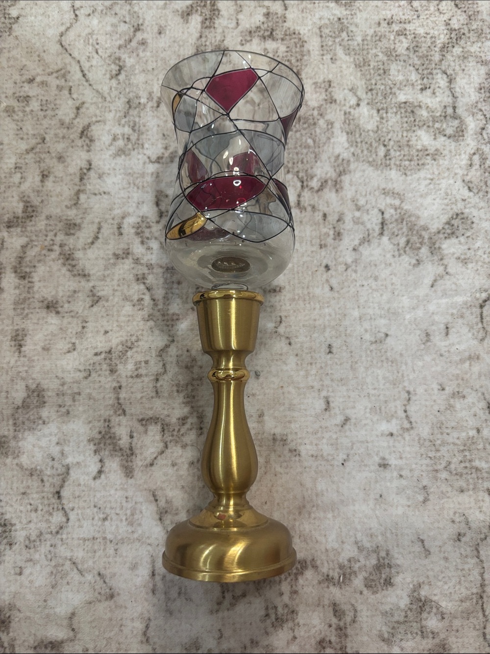 Vintage PartyLite Gold Candle Holder with Clear Glass and Red Accents
